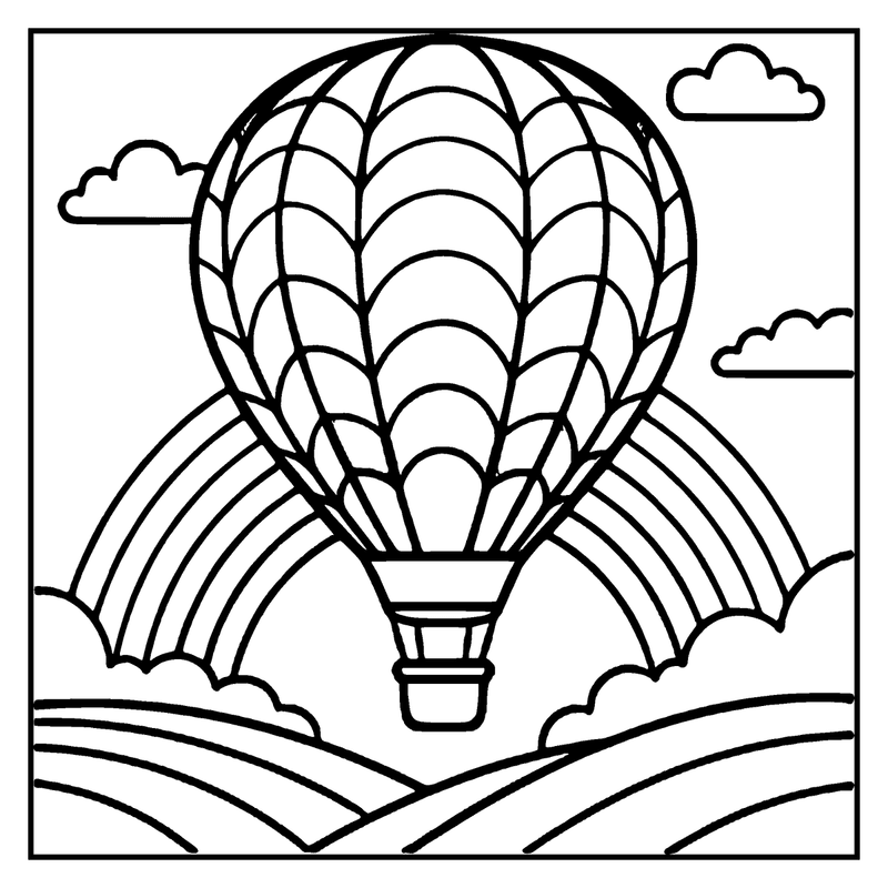A hot air balloon floats above a field with clouds in the sky, a rainbow coloring page