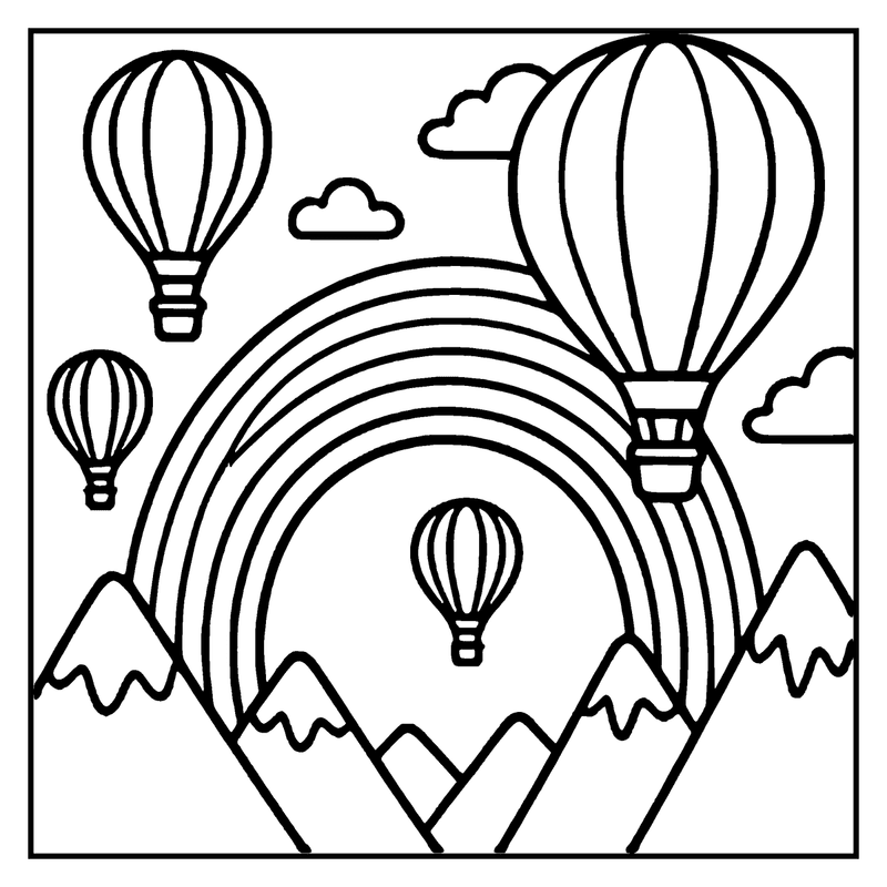 Hot air balloons floating above a rainbow and snowy mountains