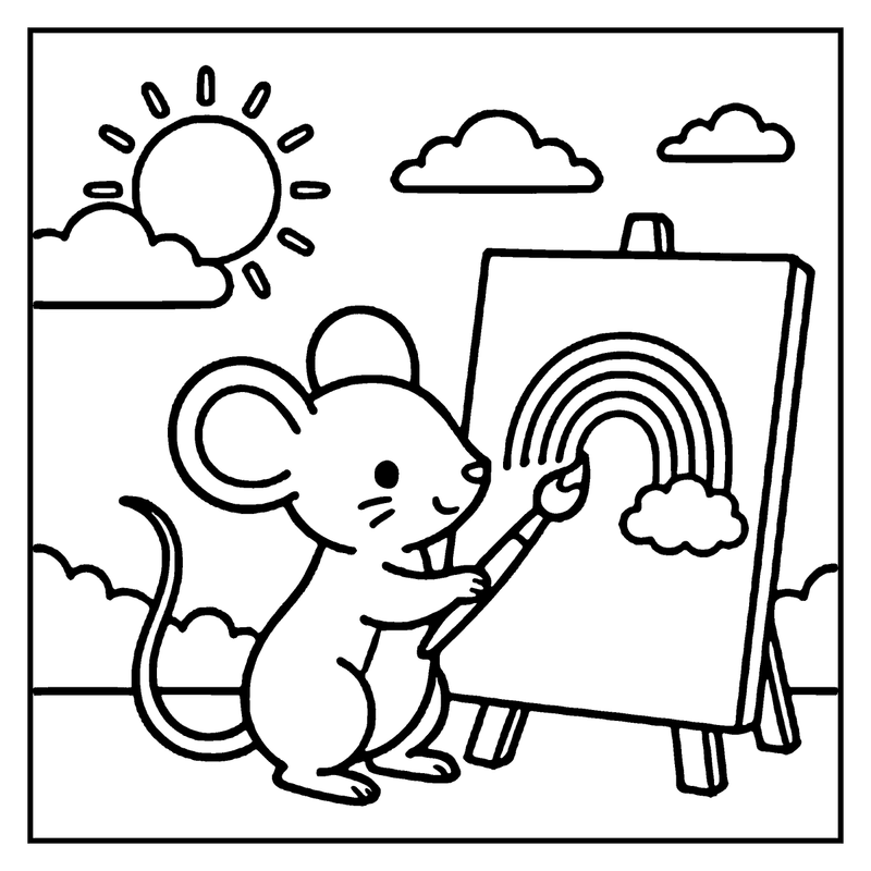A mouse is happily painting a rainbow on a canvas under a sunny sky