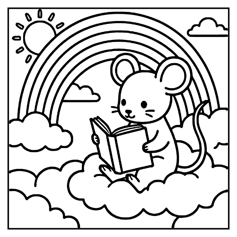 A mouse is reading a book on a cloud with a rainbow and sun in the background