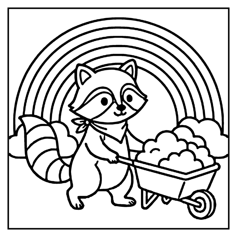 A raccoon pushing a wheelbarrow full of rocks against a rainbow backdrop
