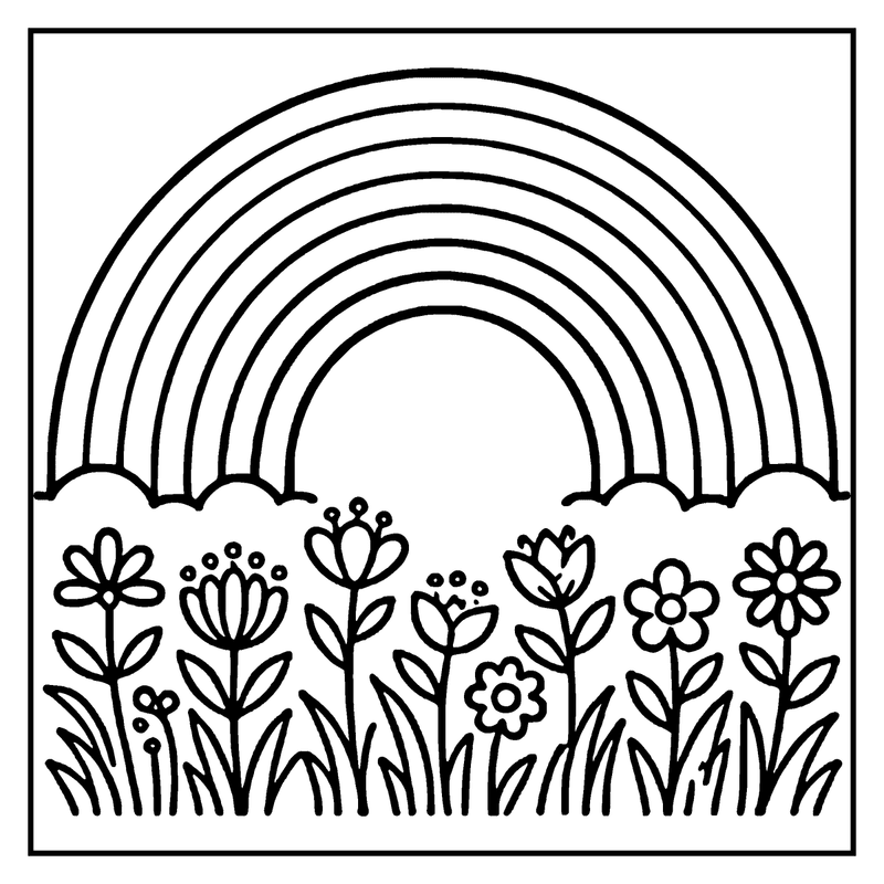 A rainbow arches over a field of flowers, creating a cheerful and vibrant scene