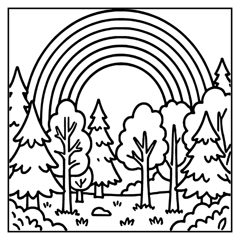 A rainbow arches over a forest, with trees and grass below
