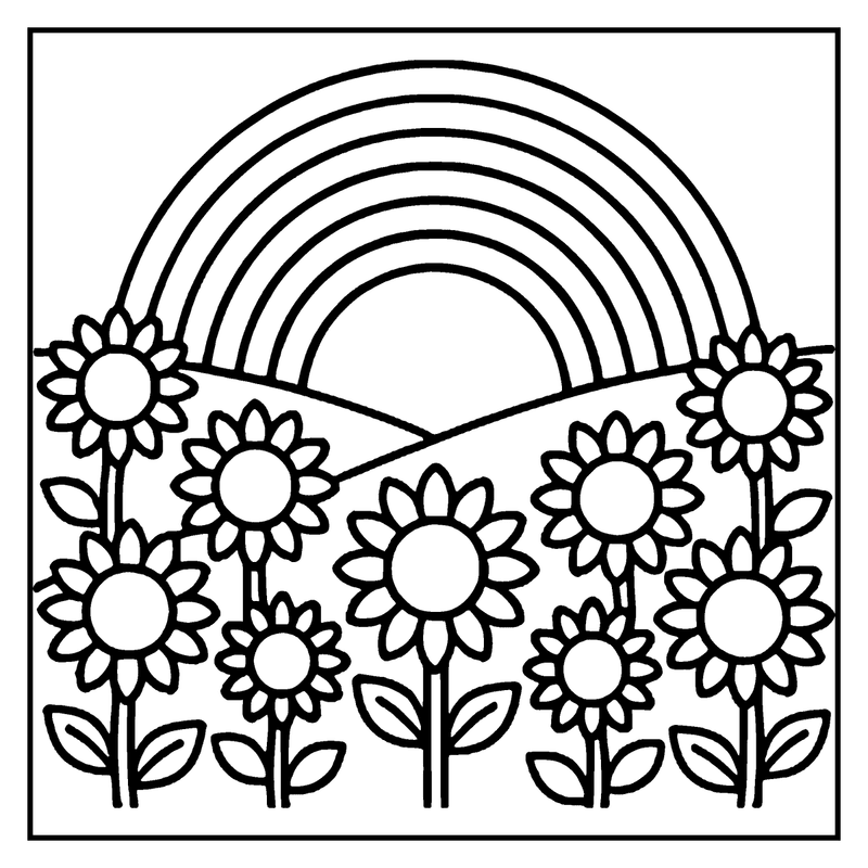 A rainbow arcs above a field of sunflowers, with leaves and stems clearly defined