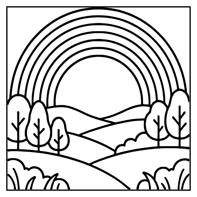 A rainbow arcs over a serene landscape with rolling hills, trees, and grassy fields