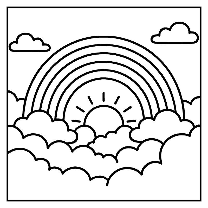 A rainbow spans across the sky, connecting two clouds, with a sun peeking through the clouds below