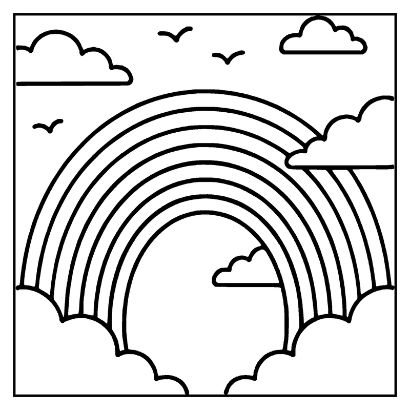 A rainbow spans across the sky, surrounded by fluffy clouds and two birds flying above