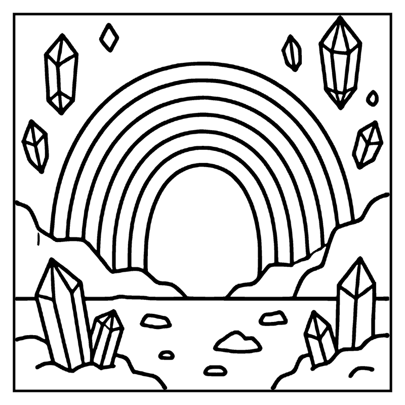 A rainbow spans across the sky, surrounded by various crystals and gemstones