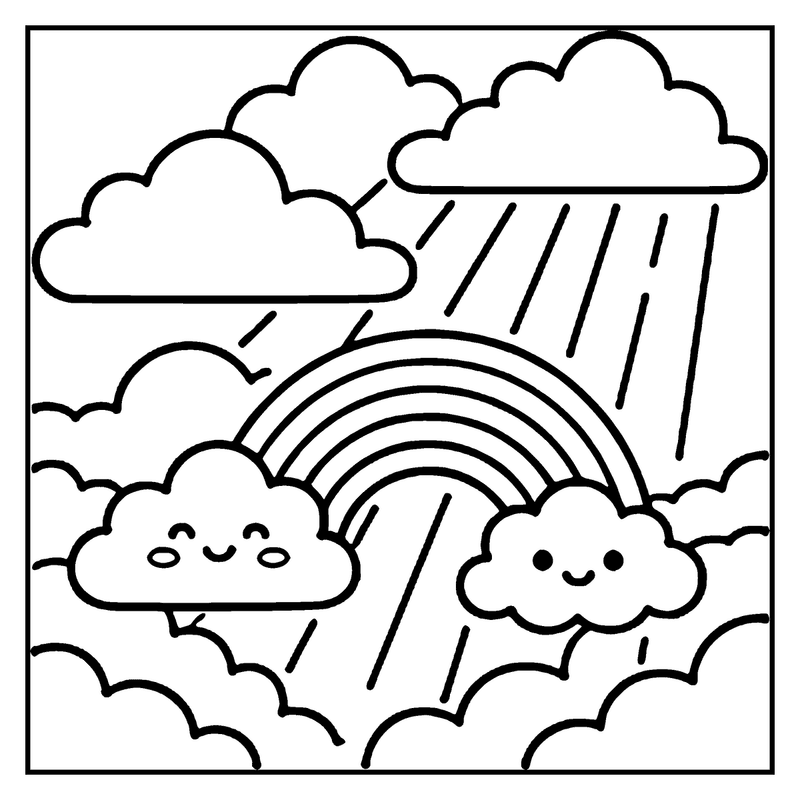 Rainbow with happy clouds and raindrops in the sky