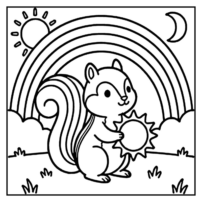 A squirrel holding a sunflower under a rainbow with a sun and moon above
