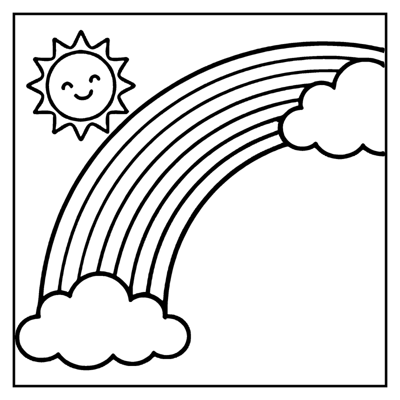 A sun smiles above a rainbow, with two clouds framing it