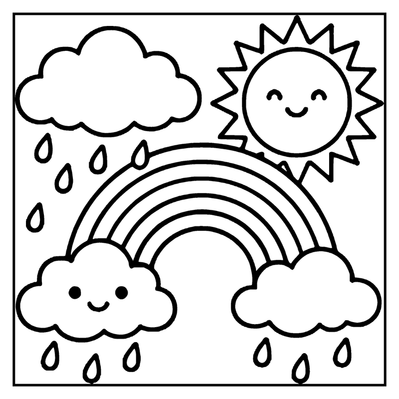 A sun with a smiling face, a rainbow, and two clouds with raindrops
