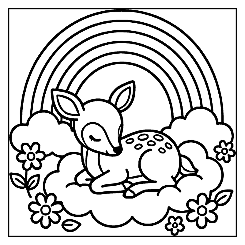 Two cute deer are sitting on clouds, surrounded by flowers and a rainbow