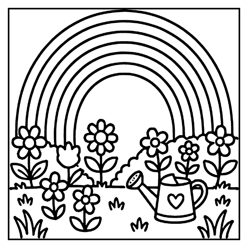 A watering can with a heart on it is watering flowers in a garden with a rainbow in the background