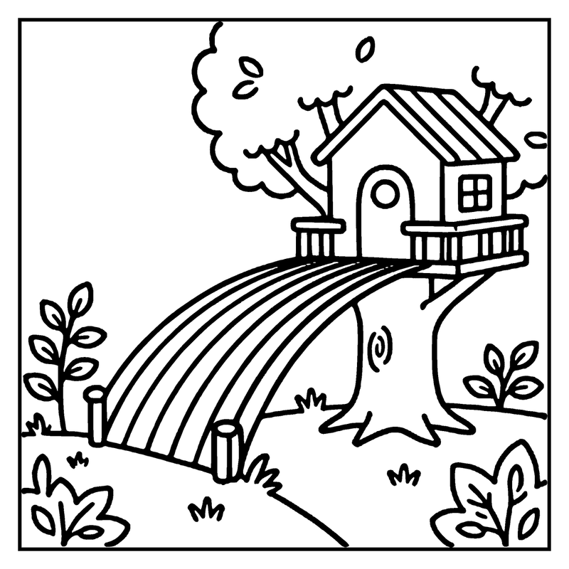 A whimsical treehouse with a rainbow bridge, surrounded by plants and leaves