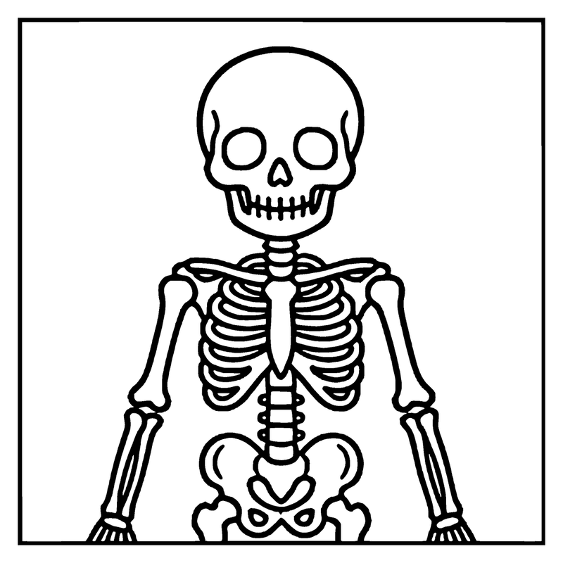 A black and white skeleton stands upright, ready for coloring, a skeleton coloring page