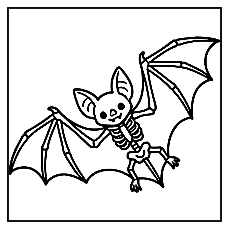 A cute bat skeleton is flying in the sky, with its wings spread wide, a skeleton coloring page