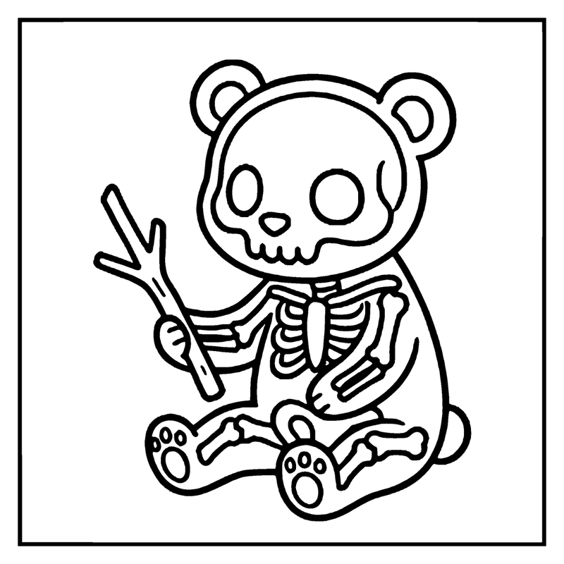 A cute skeleton bear is sitting and giving a peace sign, with a black and white line art style, a skeleton coloring page