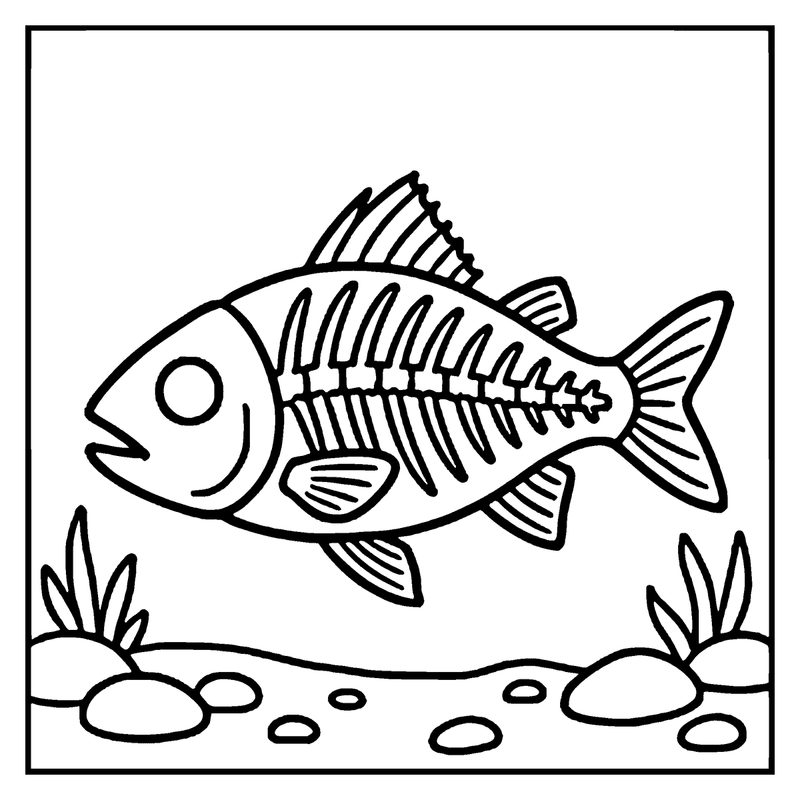 A fish skeleton swims in the water, surrounded by rocks and plants, a skeleton coloring page