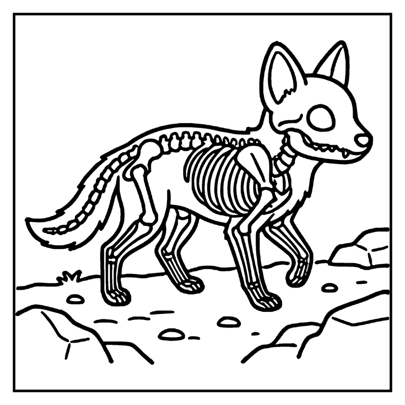 A fox skeleton standing on rocky ground, showing its skeletal structure, a skeleton coloring page