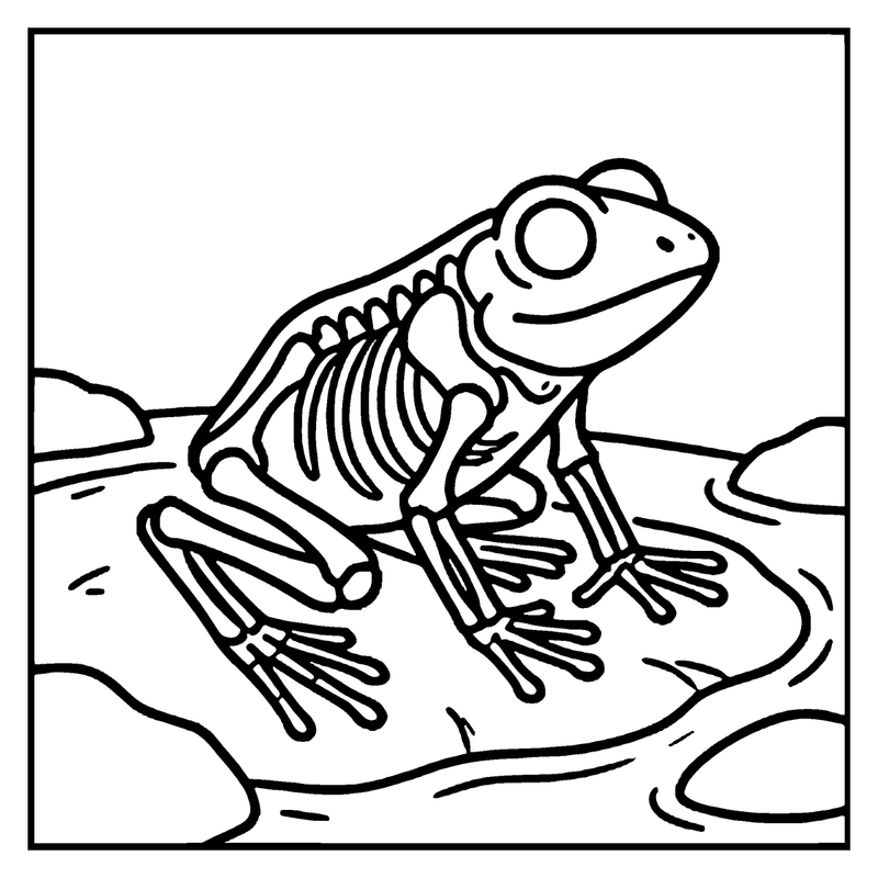 A frog skeleton is sitting in a pond, surrounded by water and rocks, a skeleton coloring page