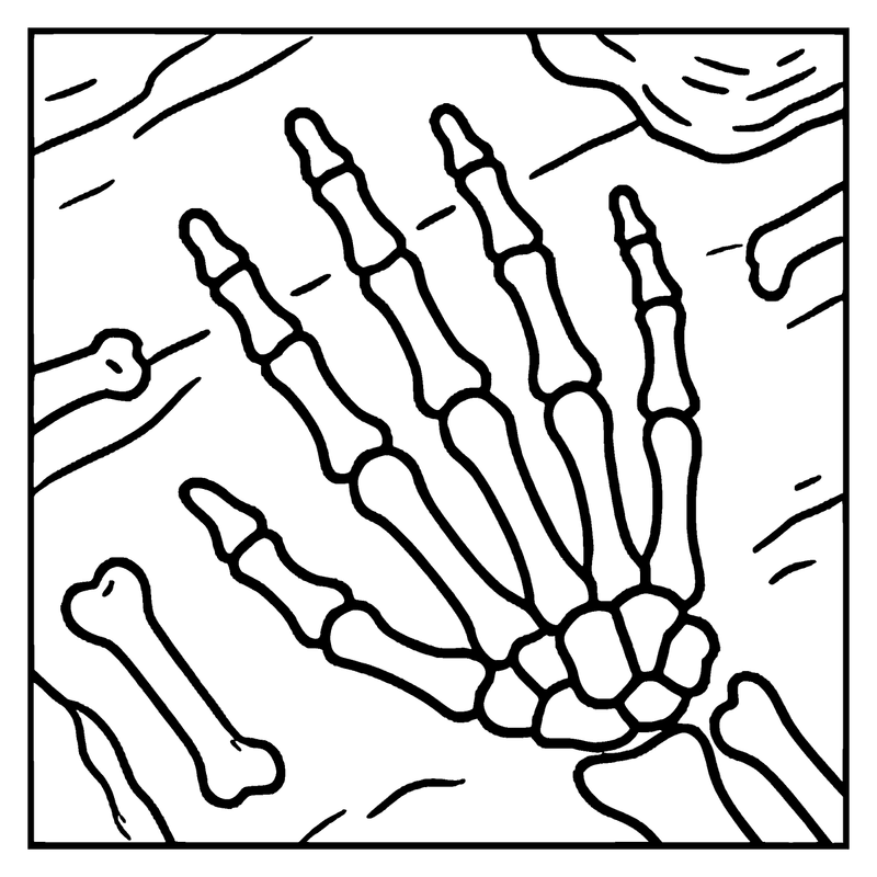 A hand skeleton is reaching out from the ground, with bones and joints clearly visible, a skeleton coloring page
