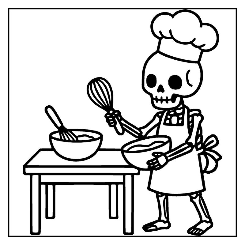 A skeleton chef wearing an apron and hat is mixing ingredients in a bowl with a whisk, a skeleton coloring page