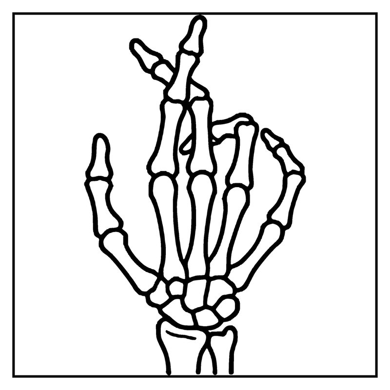 A skeleton hand with bones and joints, showing fingers and wrist, in black and white, a skeleton coloring page