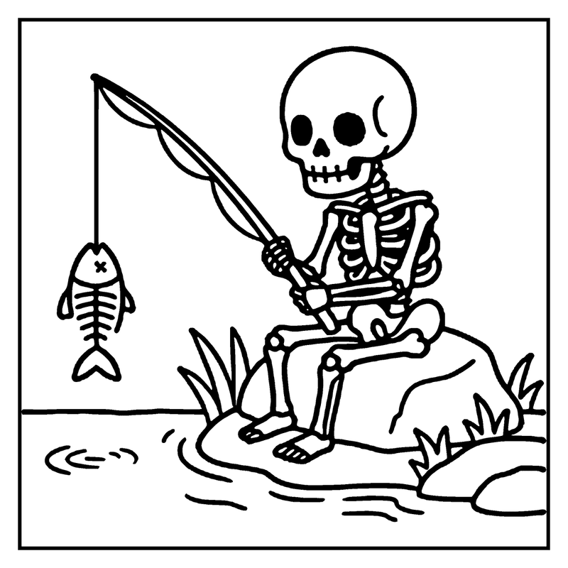 A skeleton is fishing in a pond, holding a fishing pole with a fish hanging from it, a skeleton coloring page