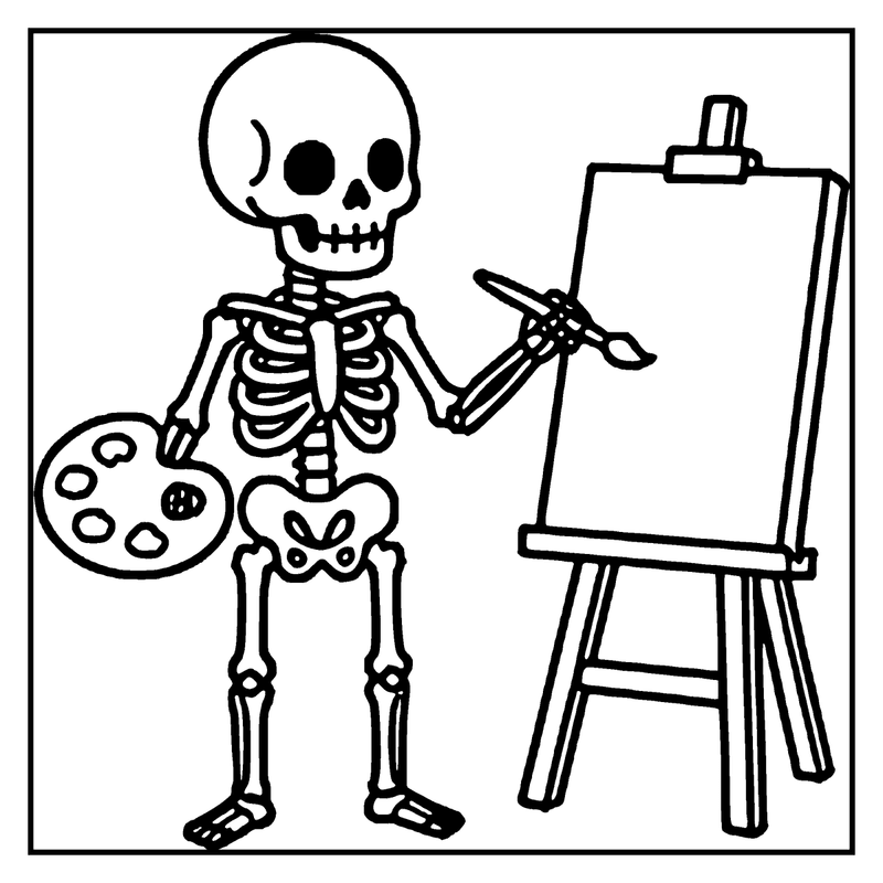 A skeleton is painting on an easel with a palette, a skeleton coloring page