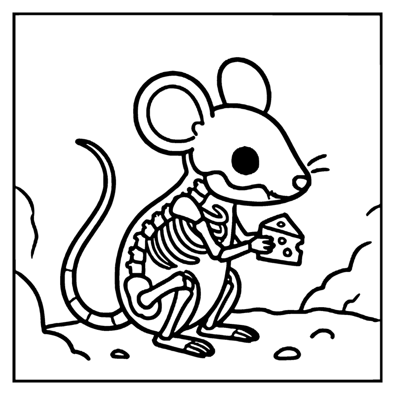 A skeleton mouse holding cheese in its hand, standing on a rocky ground, a skeleton coloring page