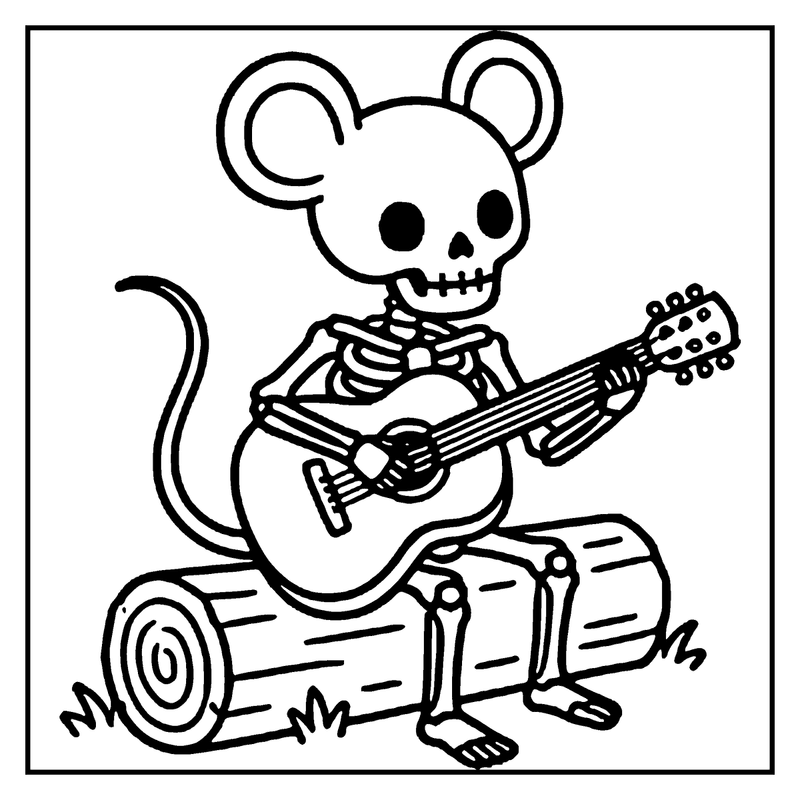 A skeleton mouse is playing an acoustic guitar while sitting on a log, a skeleton coloring page