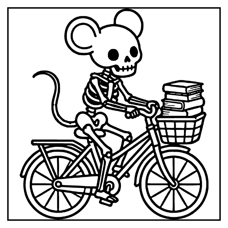 A skeleton mouse rides a bicycle, carrying a basket of books, a skeleton coloring page