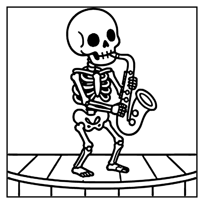 A skeleton playing a saxophone on a trampoline, a skeleton coloring page