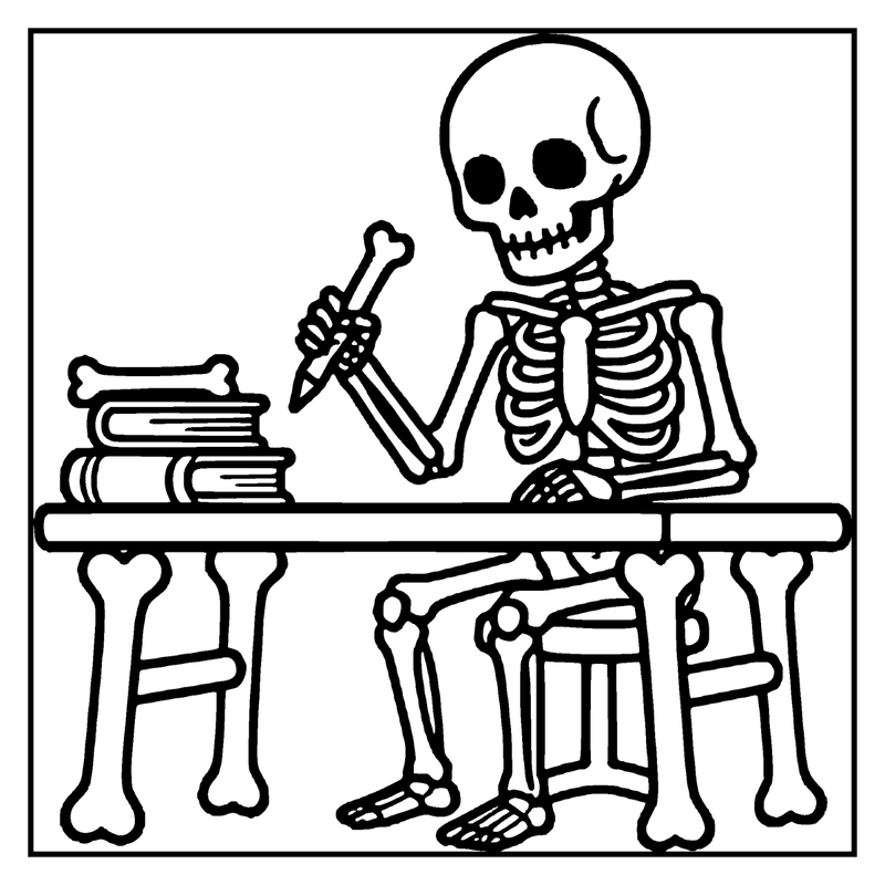A skeleton sits at a table, holding a pencil and a stack of books, a skeleton coloring page