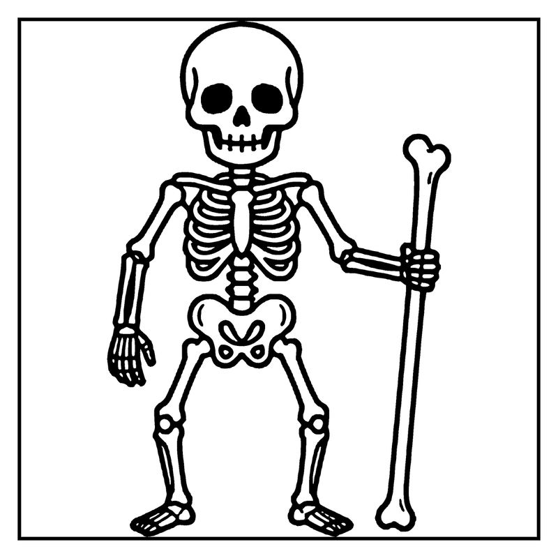 A skeleton stands holding a long bone, ready for a Halloween party, a skeleton coloring page