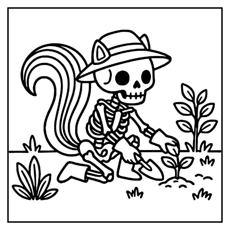 A skeleton wearing a hat and gardening in a garden with plants and grass, a skeleton coloring page
