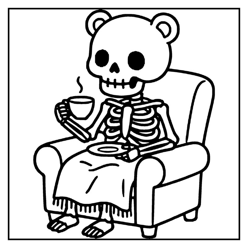 A skeleton wearing bear ears sits in a cozy armchair, sipping a steaming cup of coffee, a skeleton coloring page