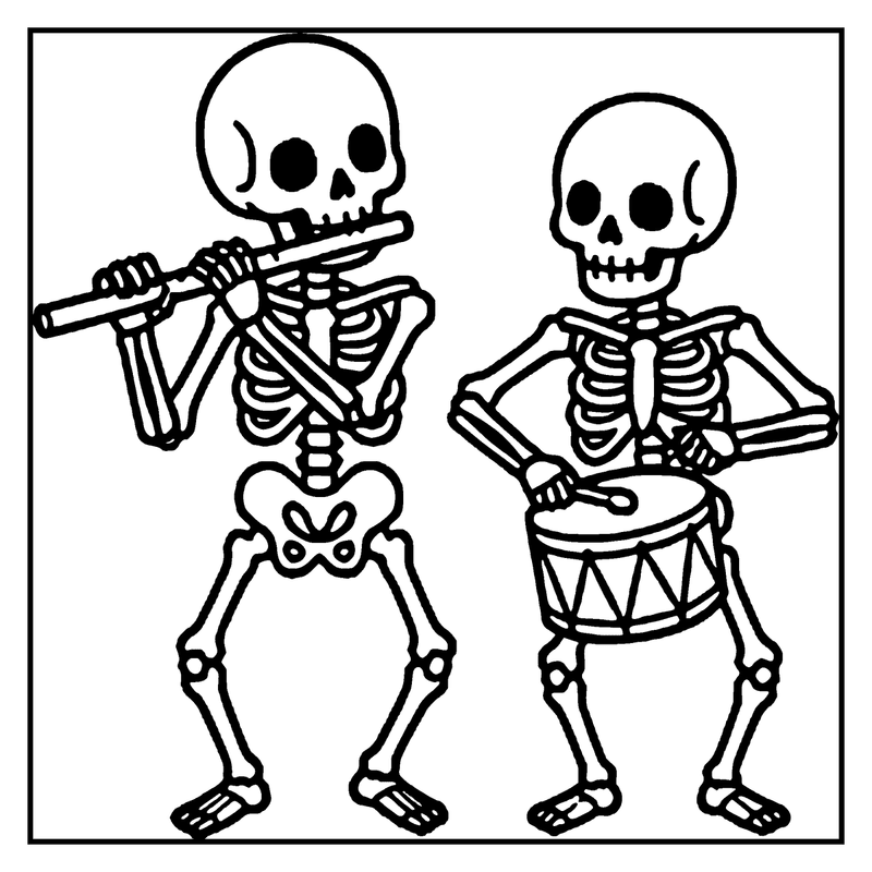 Two skeletons playing music, one on a flute, the other on a drum, in a black and white setting, a skeleton coloring page