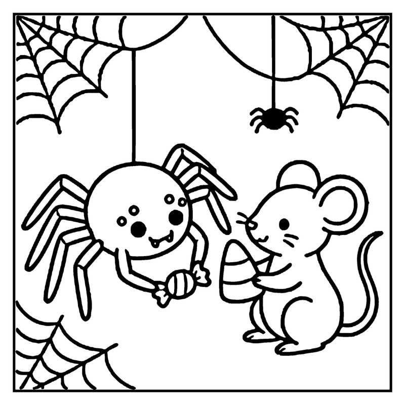 A bat and a mouse are sharing candy in a Halloween setting with spider webs and a spider