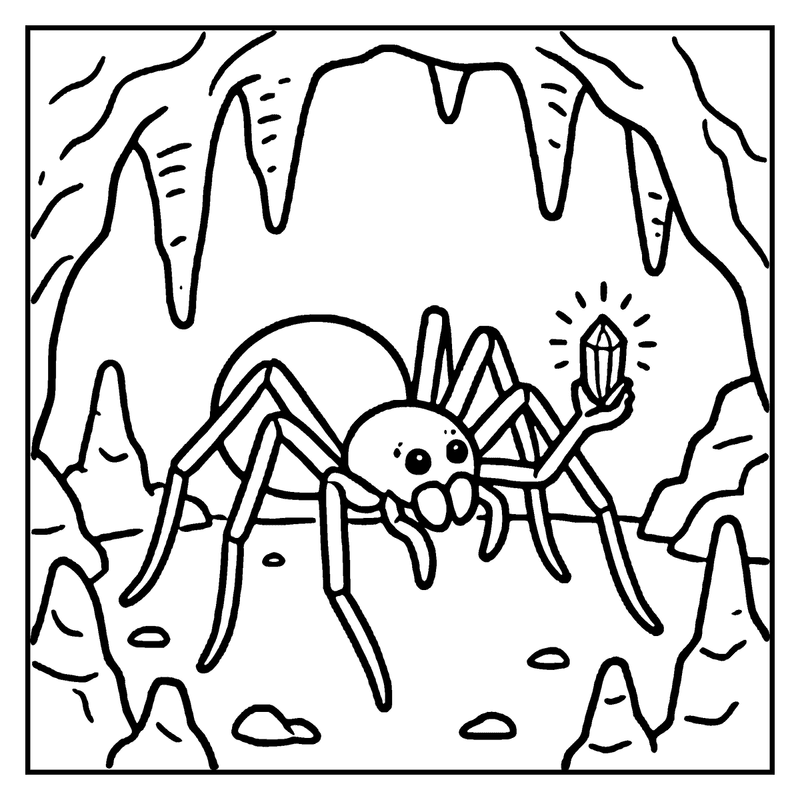 A cartoon spider holds a glowing crystal in its front legs, surrounded by cave walls and stalactites
