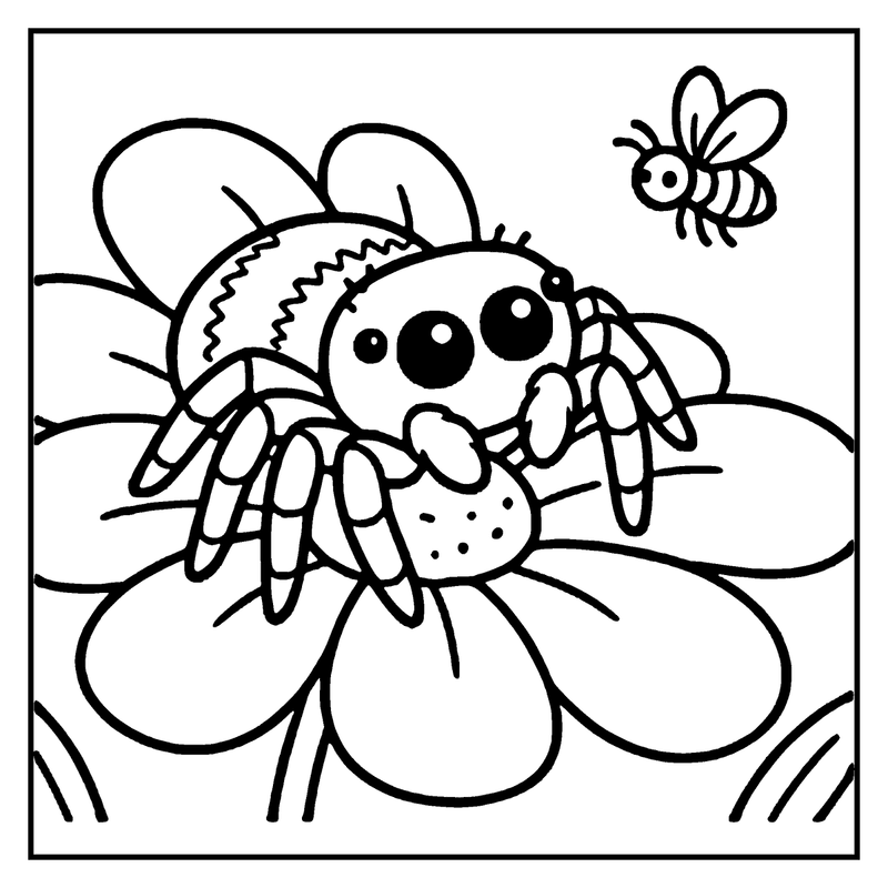 A cartoon spider is holding a flower, with a bee flying nearby