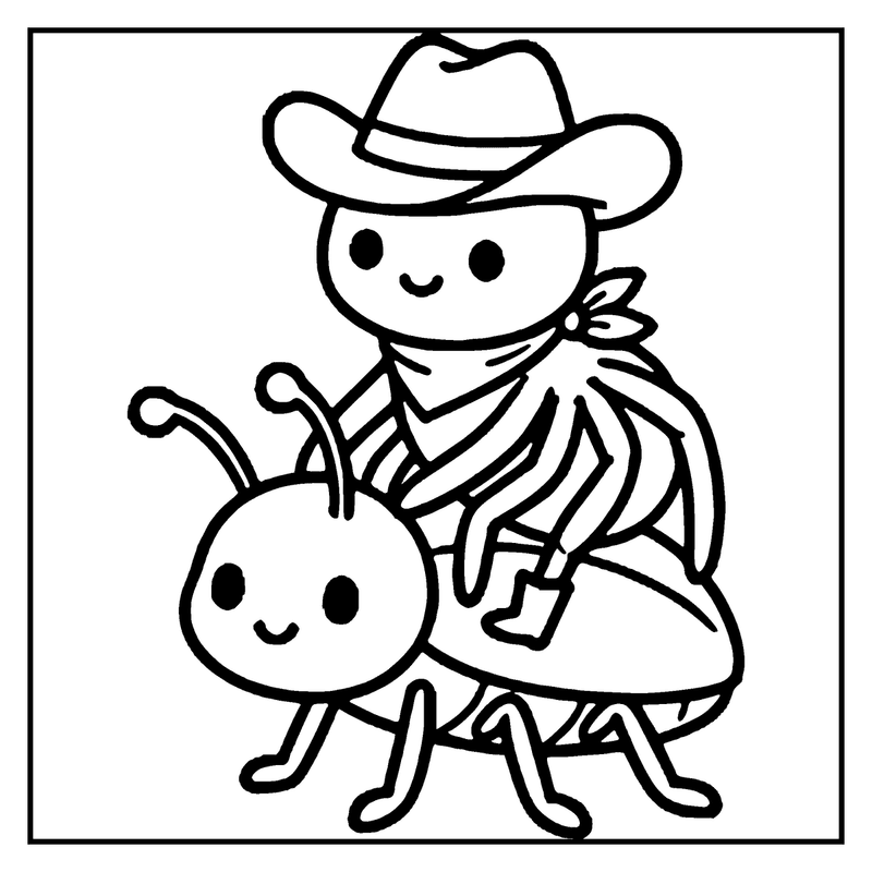 A cowboy riding a smiling ant, wearing a bandana and boots, with a cowboy hat, a spider coloring page