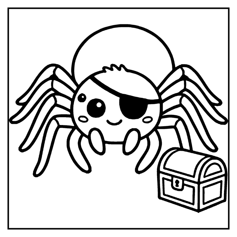 A cute pirate spider holding a treasure chest, ready for a treasure hunt