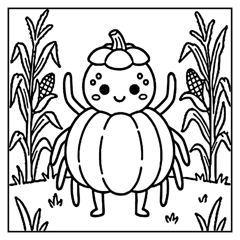 A cute pumpkin with legs and antennae stands in a cornfield, smiling happily, a spider coloring page