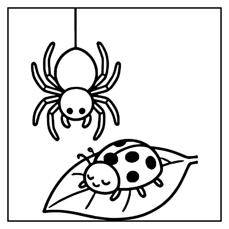 A cute spider hangs from a thread above a smiling ladybug on a leaf