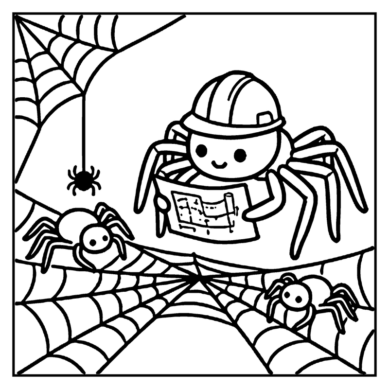 A cute spider in a hard hat is reading a newspaper on a spider web