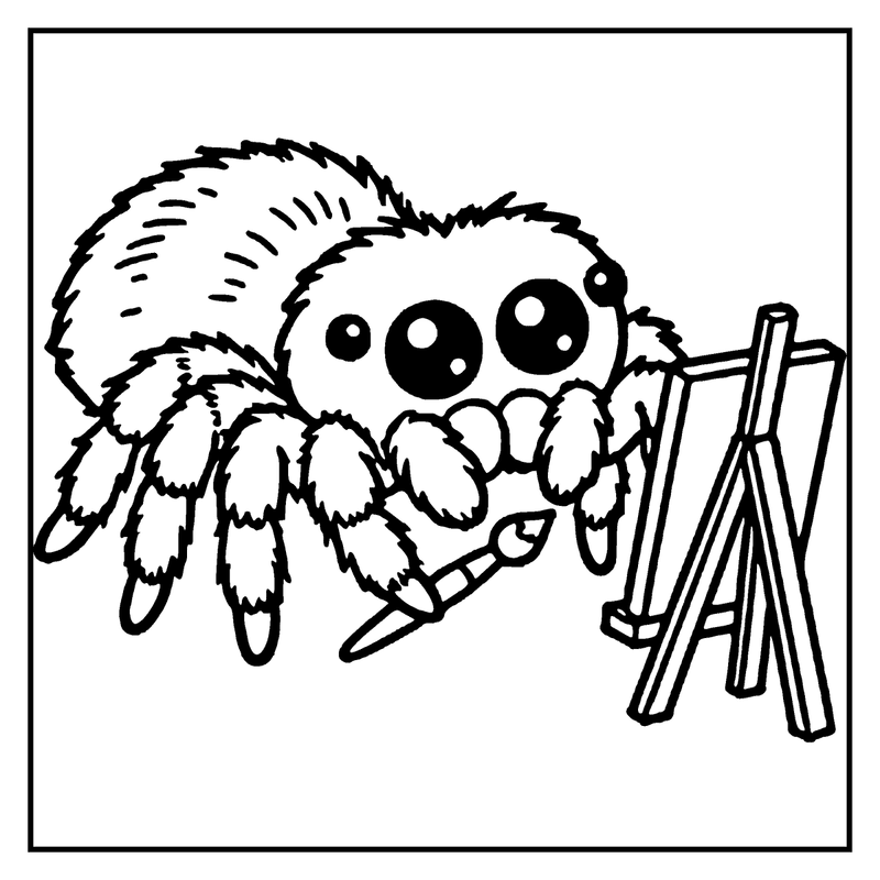 A cute spider is painting on an easel, using a brush