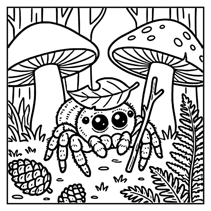 A cute spider is sitting between two mushrooms in a forest setting