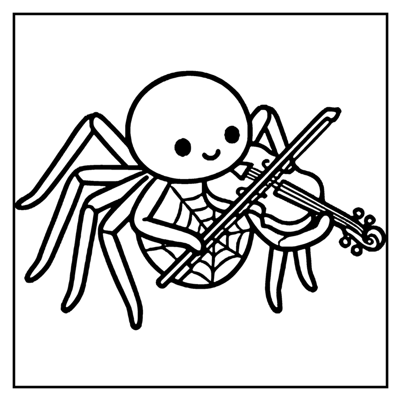 A cute spider playing a violin, sitting on a web